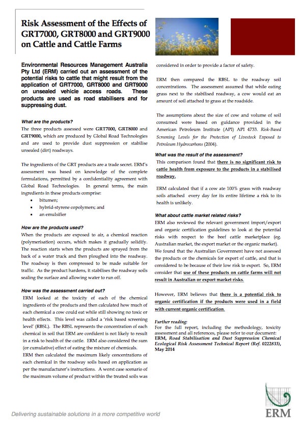 Risk Assessment of the Effects of GRT products on Cattle and Cattle Farms